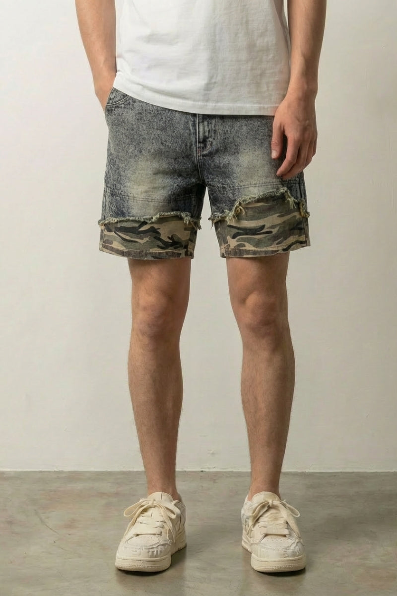 Camo Denim Shorts – Denim-Shorts Herren japanischer Streetwear, Vorderansicht