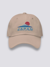 Cap der aufgehenden Sonne – japanische Cap, gesticktes Sonnen- und Fuji-Motiv, Detailaufnahme der Stickerei