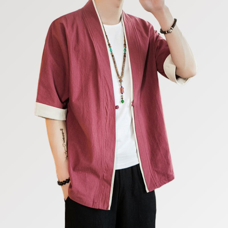 Kimono-Jacke aus Baumwolle 'Red Hideki' – Detail: lange Ärmel, Kimono japanischen Stil