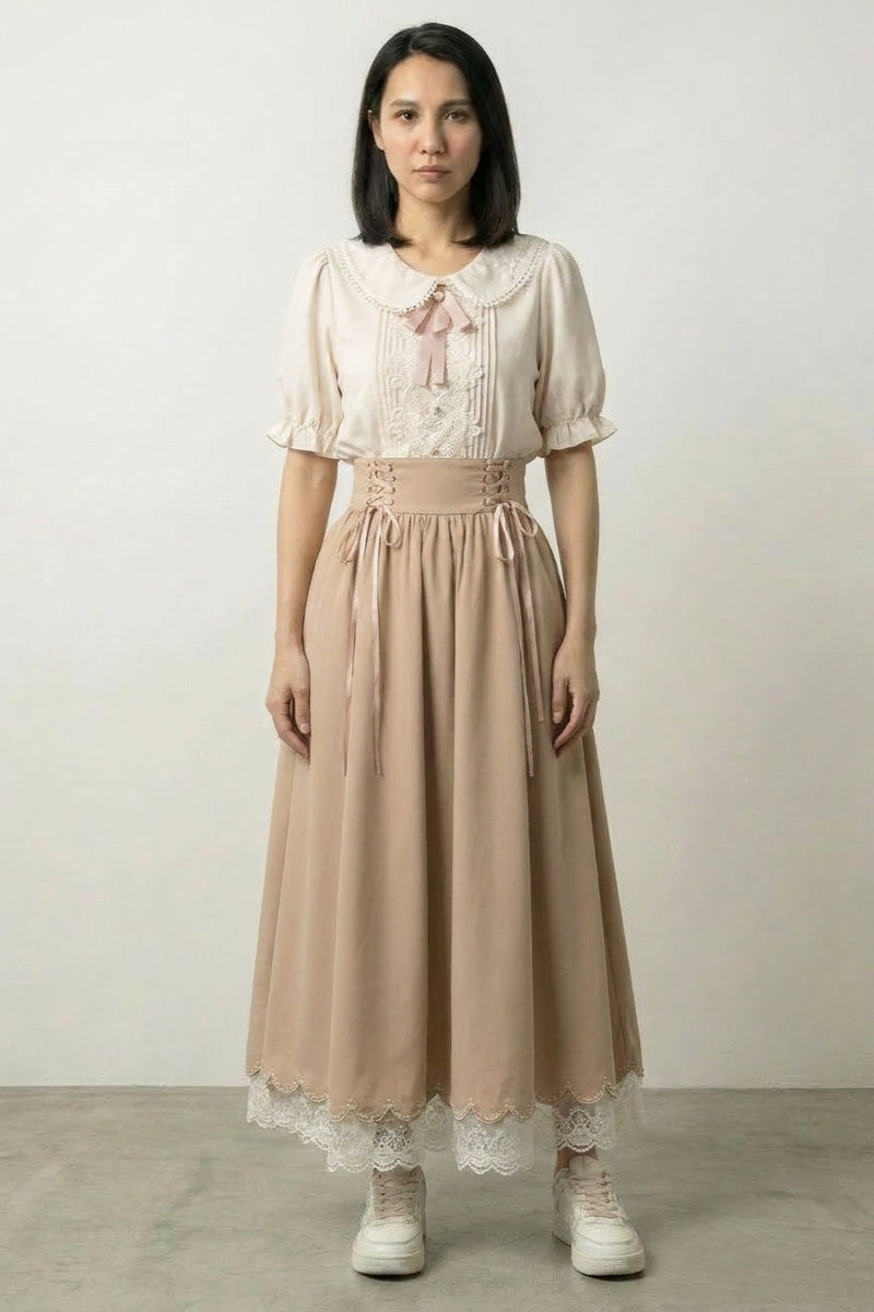 Cremefarbenes Japanisches Kleid 'Sōka' – japanisches Damenkleid, Taishō-Set, Bubikragen und Aprikosen-Korsettrock, Vorderansicht