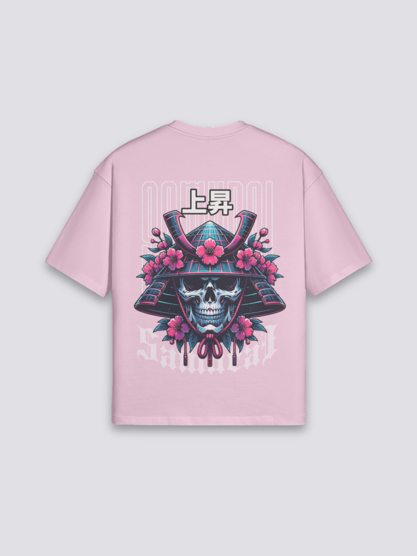 Cyberpunk Samurai T-Shirt mit Skelett-Samurai, Kirschblüten und Neon, Tech-Noir-Druck, oversize, Nahaufnahme des Drucks