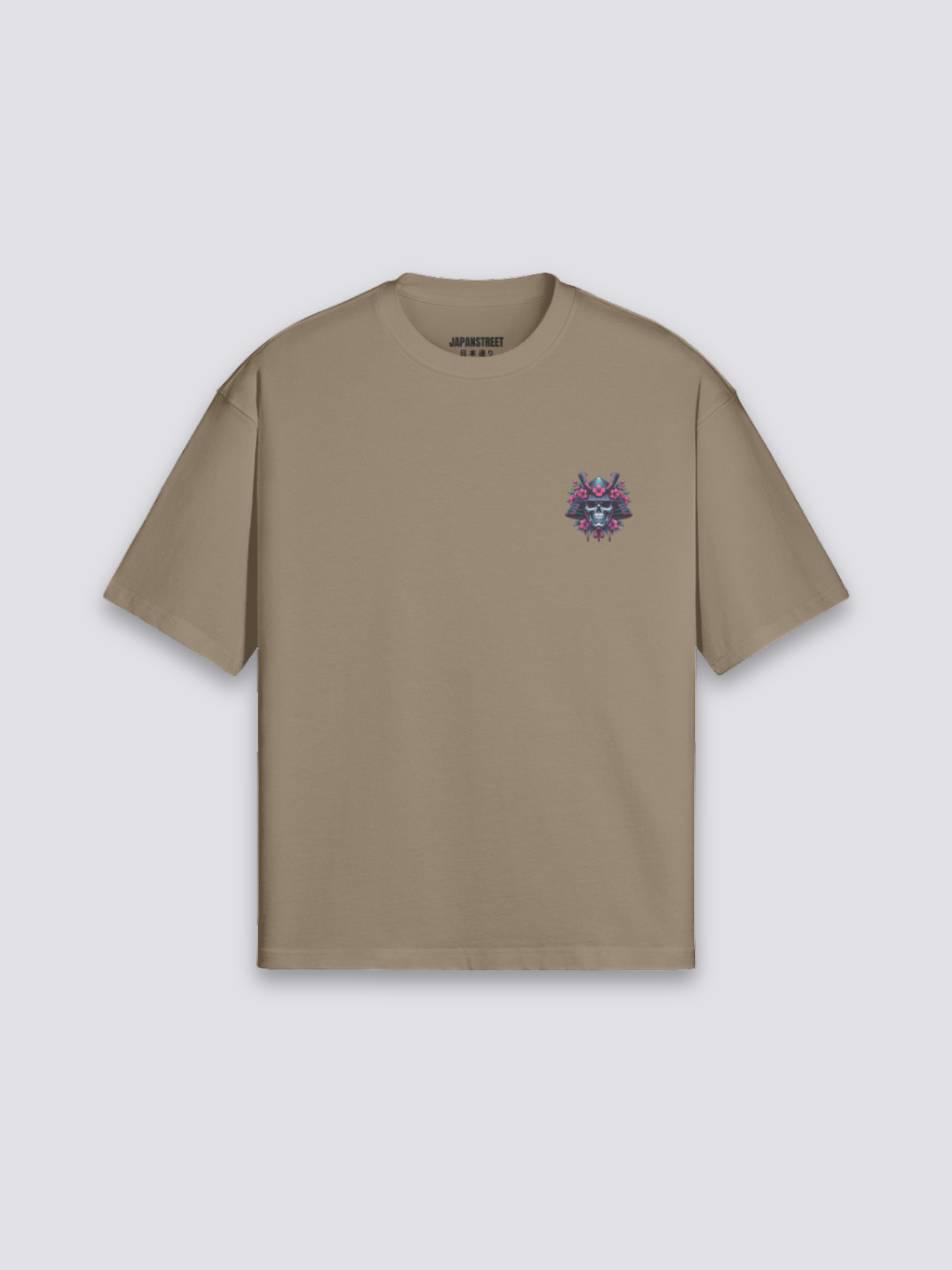 Cyberpunk Samurai T-Shirt mit Skelett-Samurai, Kirschblüten und Neon, Tech-Noir-Druck, oversize, Rückenansicht Farbvariante