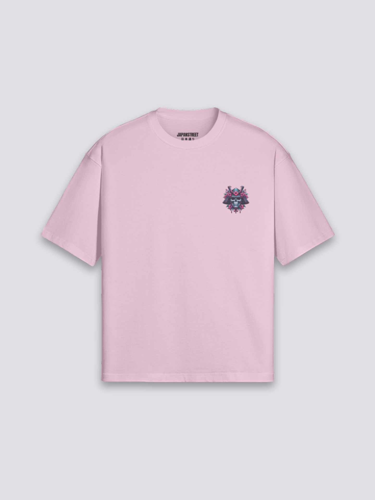 Cyberpunk Samurai T-Shirt mit Skelett-Samurai, Kirschblüten und Neon, Tech-Noir-Druck, oversize, Produktansicht
