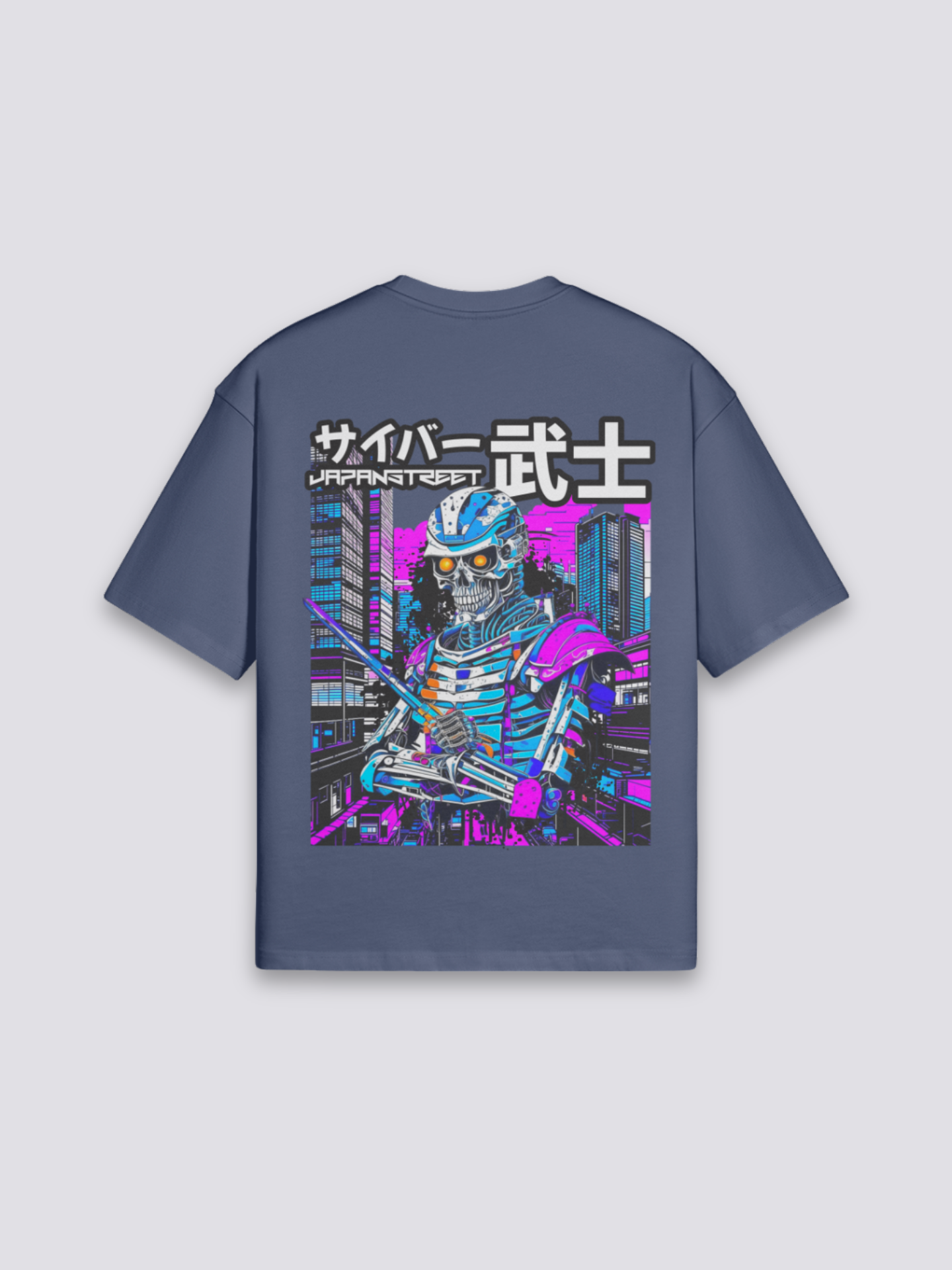 Cyberpunk T-Shirt mit Skelett-Samurai unter Neonlichtern, Neo-Tokyo-Druck, oversize Baumwolle, Rückenansicht mit Rückendruck