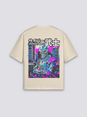 Cyberpunk T-Shirt mit Skelett-Samurai unter Neonlichtern, Neo-Tokyo-Druck, oversize Baumwolle, Detailansicht des Motivs