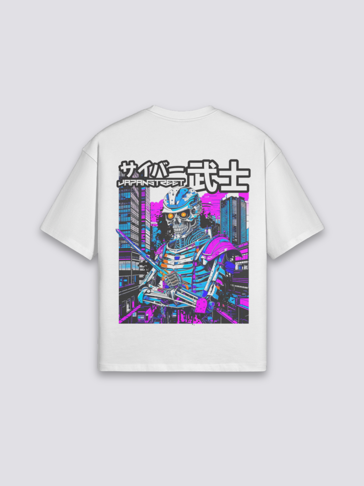 Cyberpunk T-Shirt mit Skelett-Samurai unter Neonlichtern, Neo-Tokyo-Druck, oversize Baumwolle, seitliche Ansicht