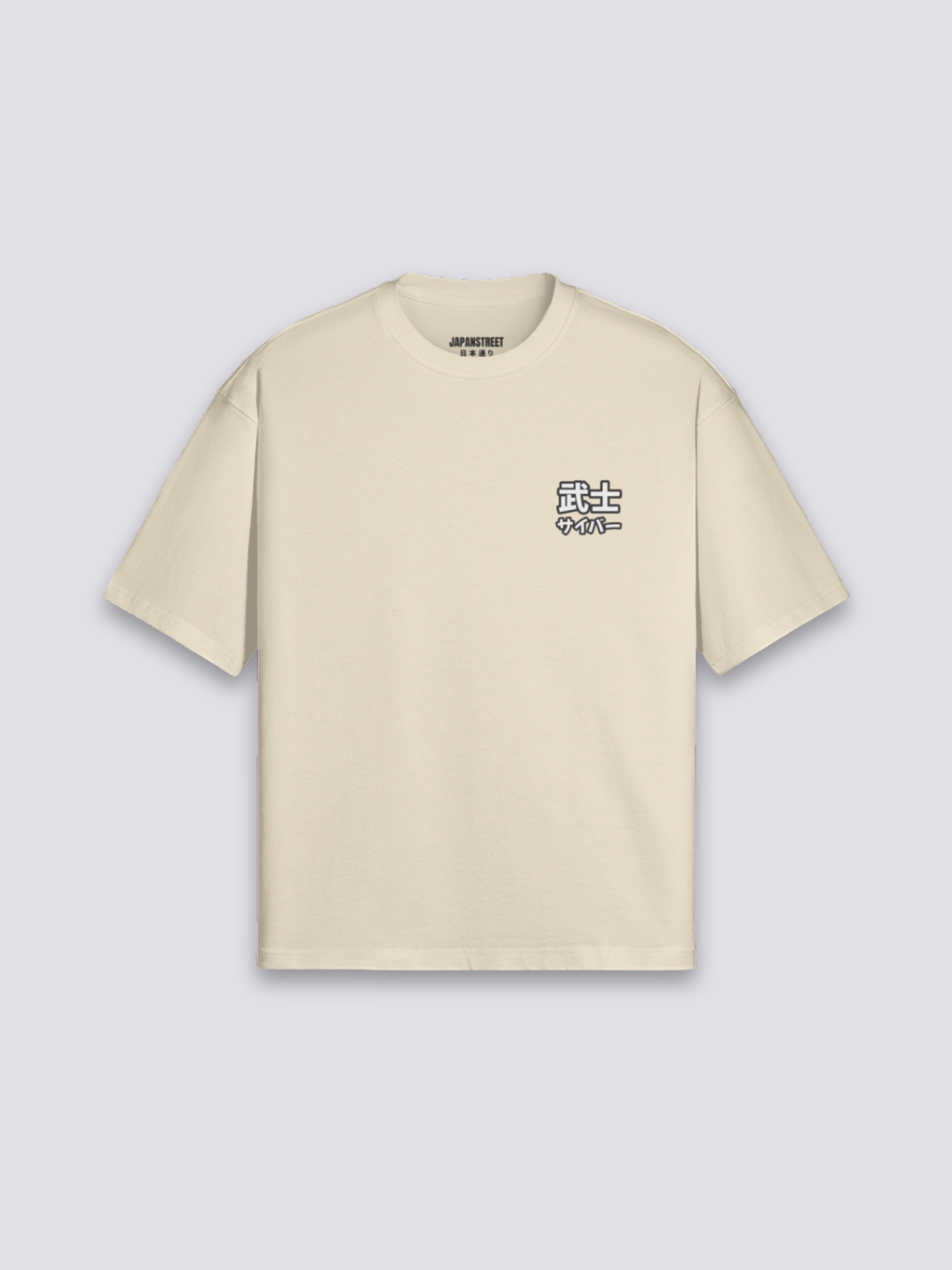 Cyberpunk T-Shirt mit Skelett-Samurai unter Neonlichtern, Neo-Tokyo-Druck, oversize Baumwolle, Vorderansicht Farbvariante