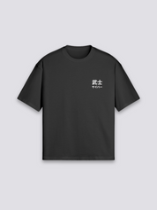 Cyberpunk T-Shirt mit Skelett-Samurai unter Neonlichtern, Neo-Tokyo-Druck, oversize Baumwolle, Produktansicht