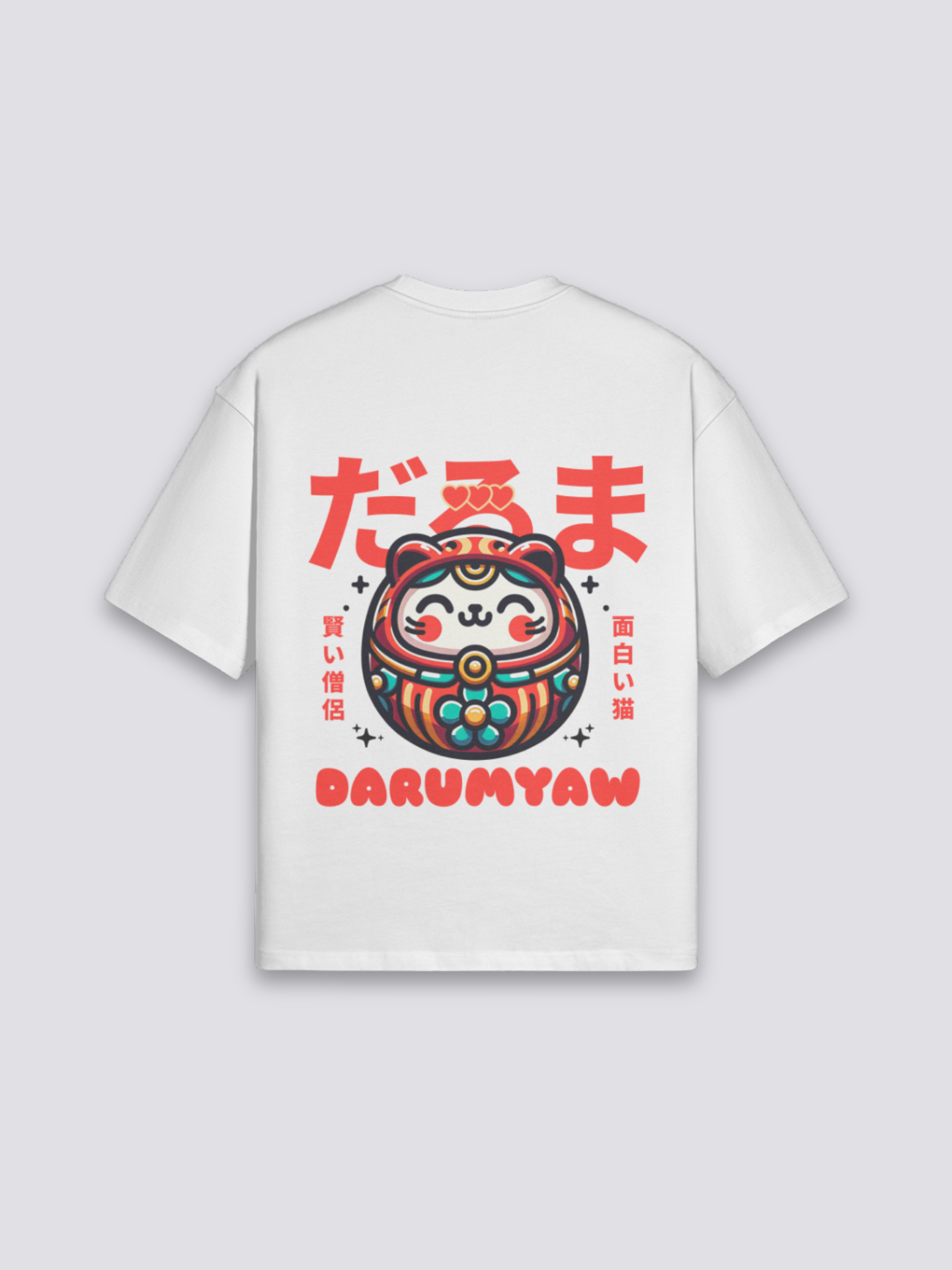Daruma T-Shirt mit Daruma und Glückskatze, japanischer Glücks-Druck, oversize Baumwolle, Rückenansicht mit Rückendruck