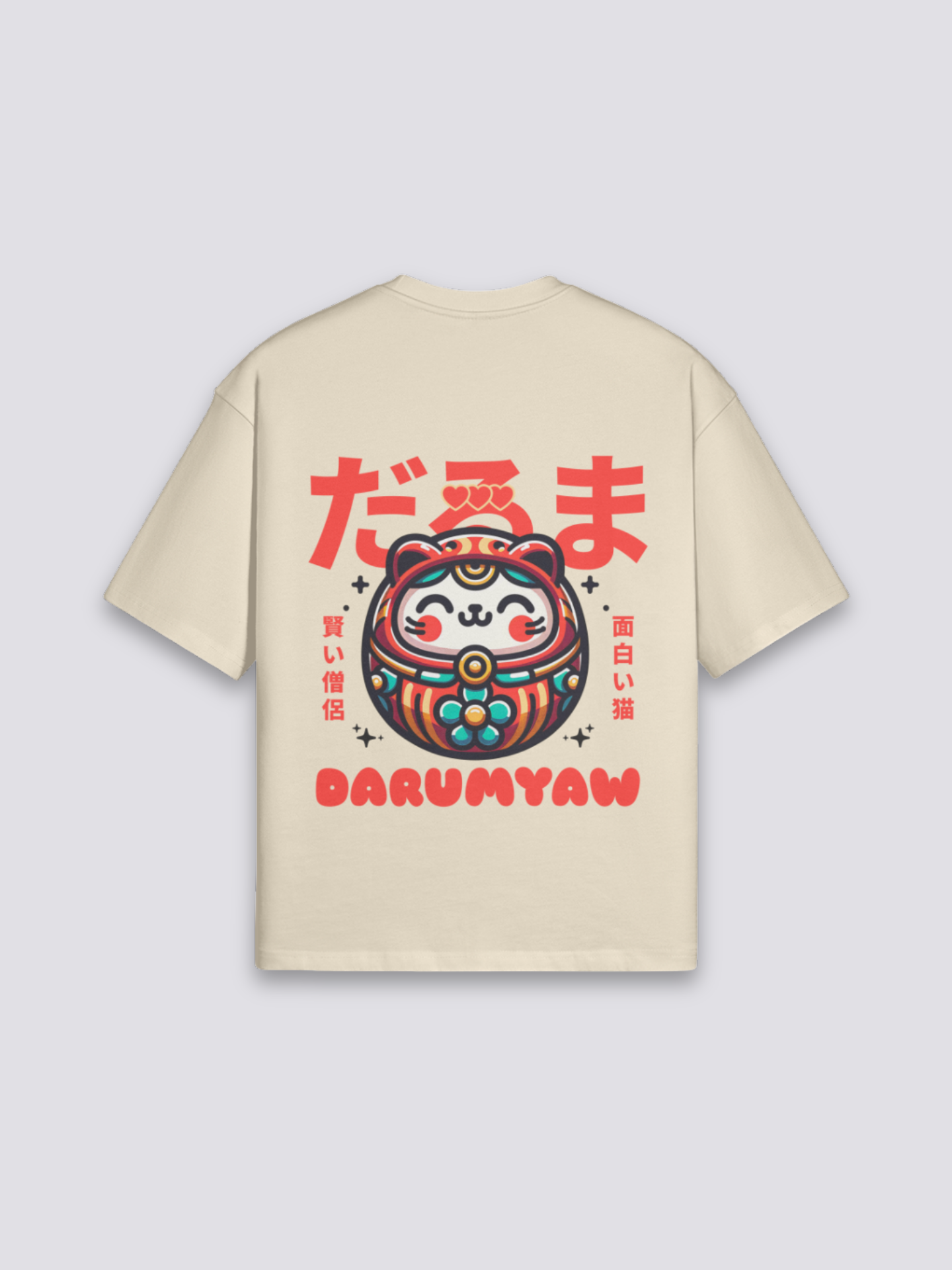 Daruma T-Shirt mit Daruma und Glückskatze, japanischer Glücks-Druck, oversize Baumwolle, Detailansicht des Motivs