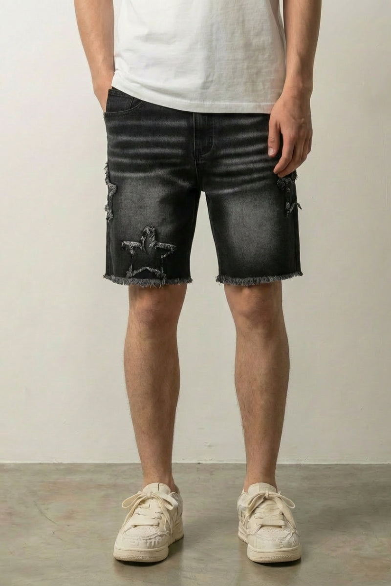 Denim-Shorts mit Stern-Print – Denim-Shorts Herren japanischer Streetwear, Vorderansicht