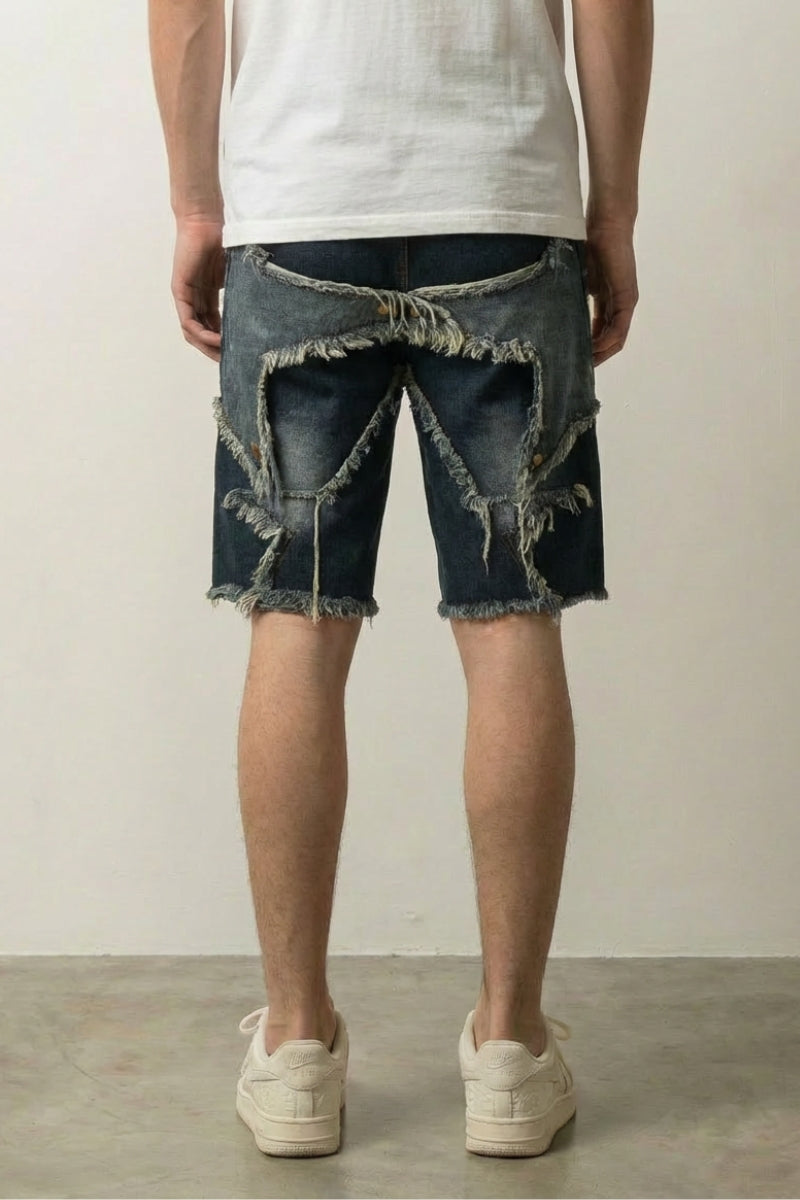 Distressed Denim Shorts, Rückansicht – Denim-Shorts Herren japanischer Streetwear