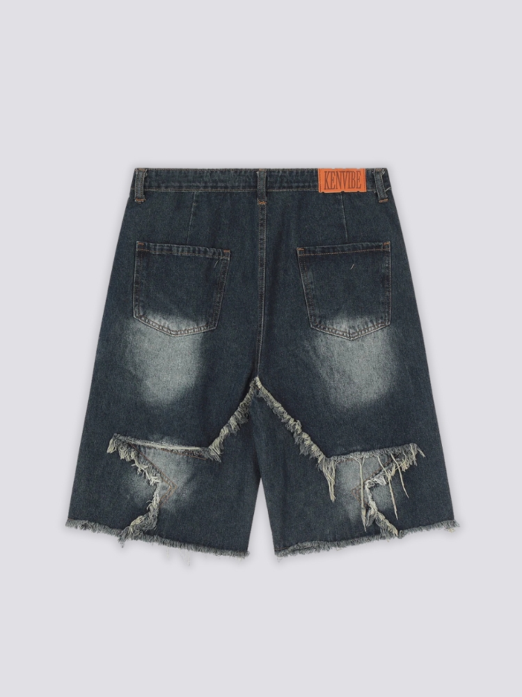 Distressed Denim Shorts, getragene Ansicht – Denim-Shorts Herren japanischer Streetwear