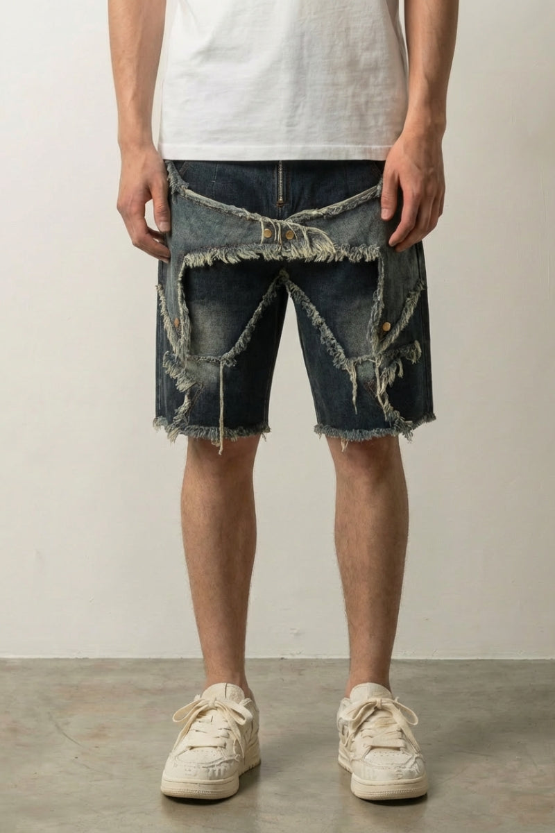 Distressed Denim Shorts – Denim-Shorts Herren japanischer Streetwear, Vorderansicht