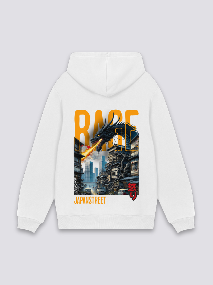 Drachen-Hoodie in Weiß, japanischer Streetwear-Hoodie mit wütender Drache über der Stadt