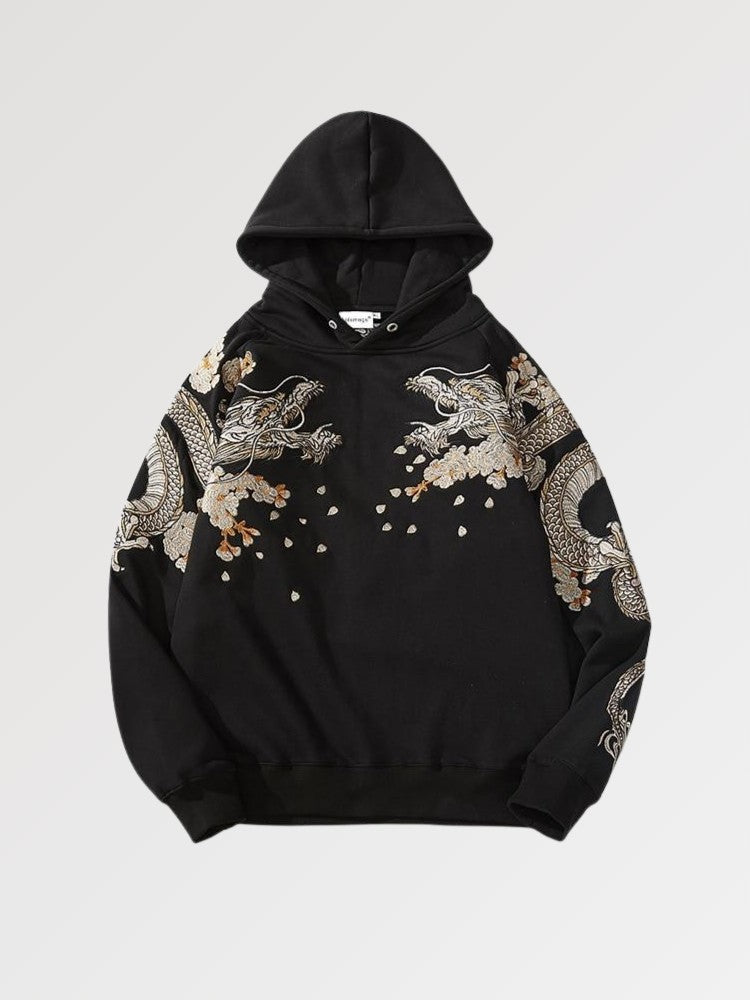 Bestickter Kapuzenpullover mit Drachenmotiv 'Tatsu-Ryga' – Oversize, Hoodie im japanischen Design