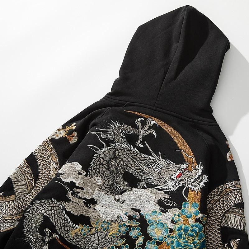 Bestickter Kapuzenpullover mit Drachenmotiv 'Tatsu-Ryga' – Hoodie für Winter und Herbst, Premium-Qualität