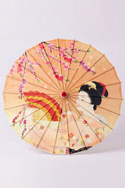 Japanischer Wagasa 'Kuki-Fan' von oben, flach geöffnet — orangefarbene Bespannung mit geöffneten Fächern und einem fliegenden Kranich