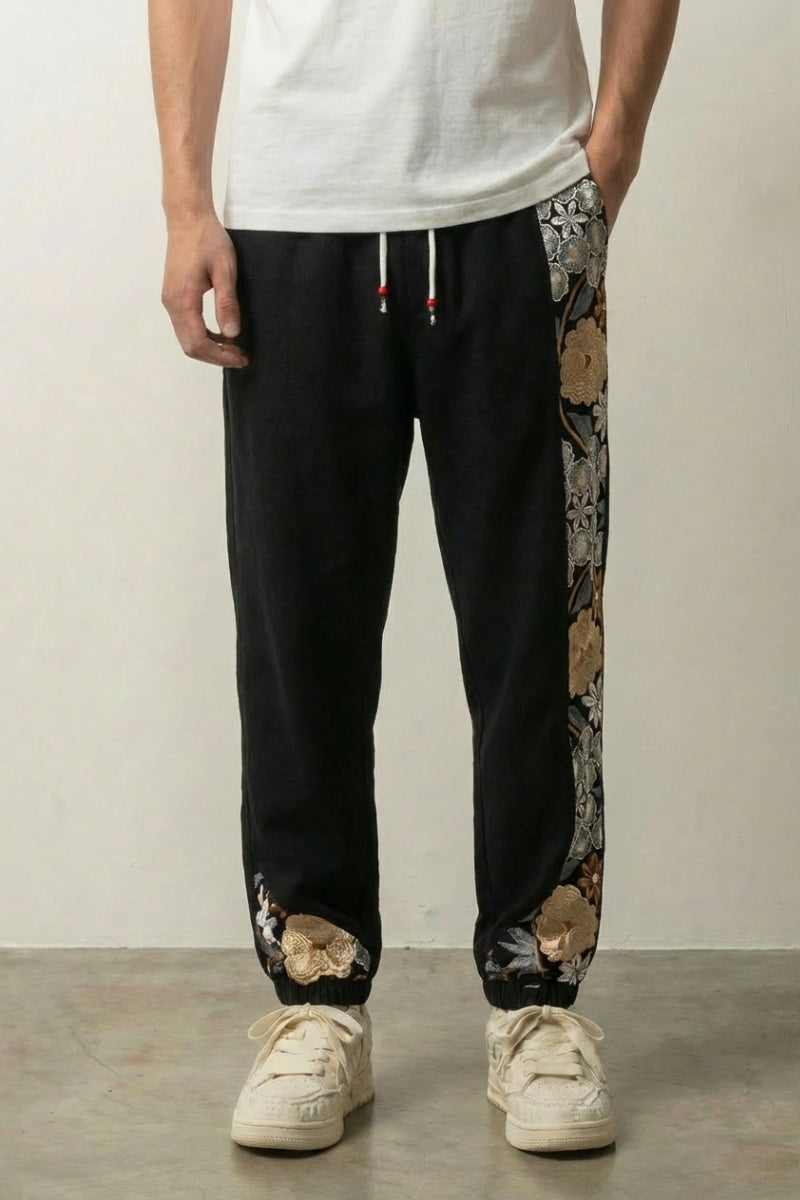 Florale Japanische Hose 'Sakura', Rückansicht – japanische Hose Herren traditioneller Stil