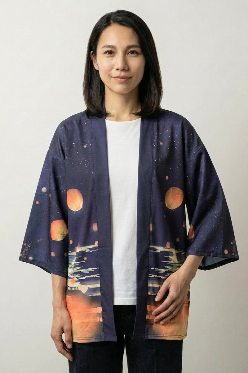 Furisode-Kimono 'Shizuka Jacke' – Damen Kimono-Jacke japanischer Haori mit Sonnenuntergang-Motiv, Vorderansicht