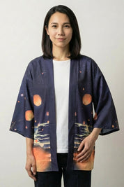 Furisode-Kimono 'Shizuka Jacke' – Damen Kimono-Jacke japanischer Haori mit Sonnenuntergang-Motiv, Vorderansicht
