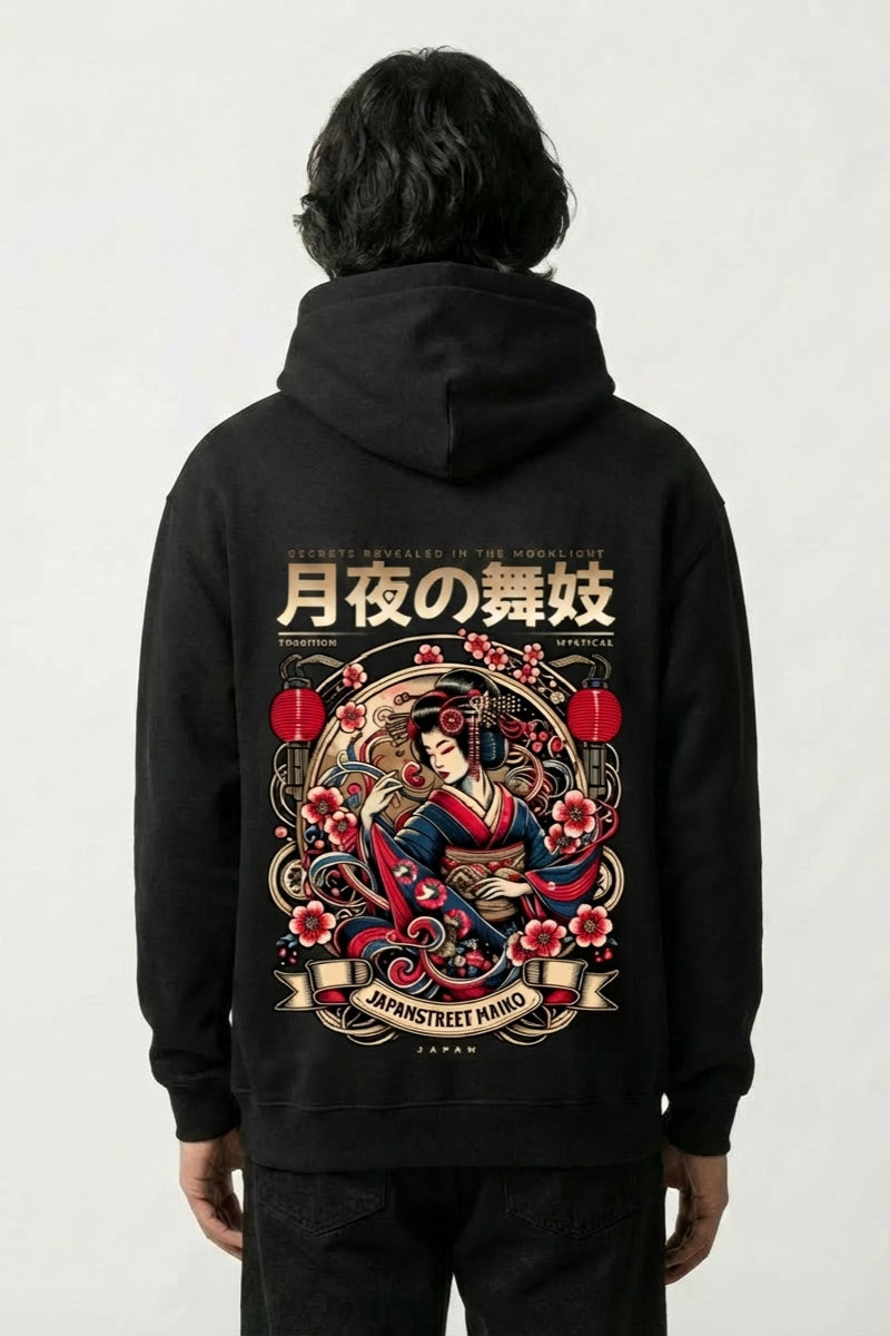 Geisha-Hoodie mit Geisha und Pfingstrosen, Rückenansicht des oversize Streetwear-Hoodies