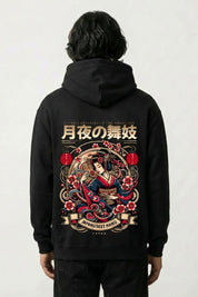 Geisha-Hoodie mit Geisha und Pfingstrosen, Rückenansicht des oversize Streetwear-Hoodies