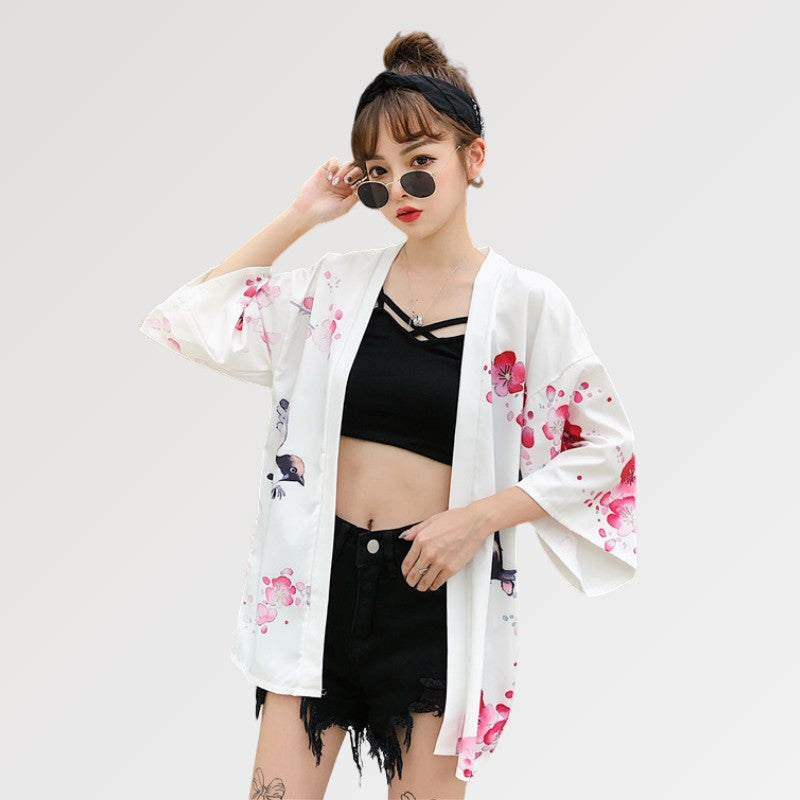 Geisha-Kimono-Jacke 'Sakura x Geiko' – mit Obi: detailreicher Kimono im japanischen Stil