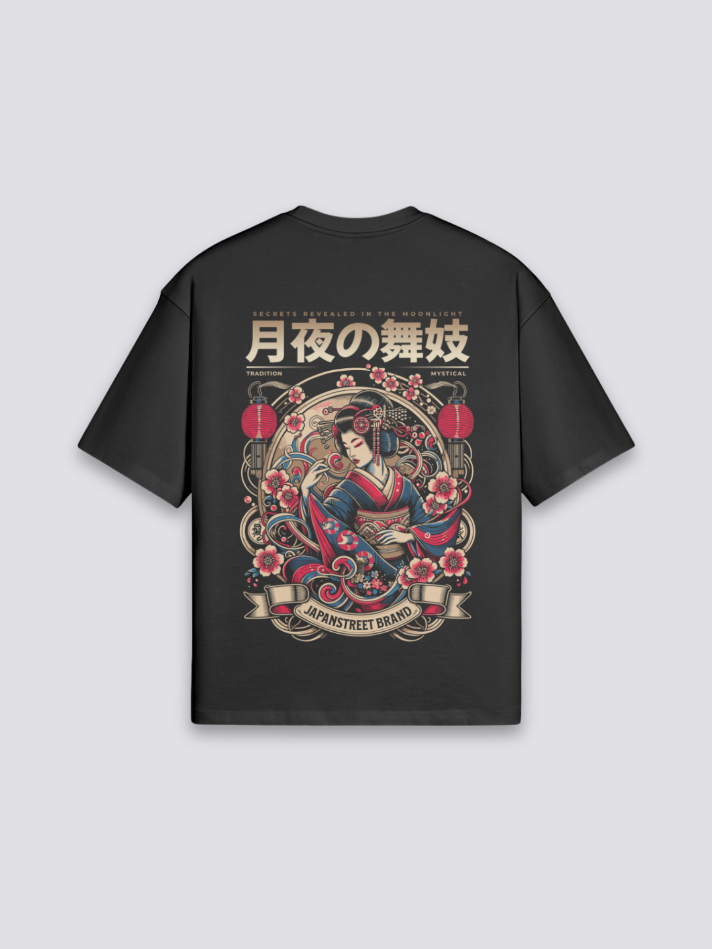 Geisha T-Shirt mit Hanami-Szene und Kirschblüten, traditioneller Druck, oversize Baumwolle, Rückenansicht mit Rückendruck