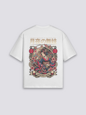 Geisha T-Shirt mit Hanami-Szene und Kirschblüten, traditioneller Druck, oversize Baumwolle, Detailansicht des Motivs