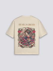 Geisha T-Shirt mit Hanami-Szene und Kirschblüten, traditioneller Druck, oversize Baumwolle, Nahaufnahme des Drucks