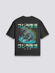 Godzilla T-Shirt mit Kaijū-Riesenmonster über Stadtruinen, Monsterkino-Druck, oversize Baumwolle, Rückenansicht mit Rückendruck