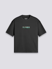 Godzilla T-Shirt mit Kaijū-Riesenmonster über Stadtruinen, Monsterkino-Druck, oversize Baumwolle, Nahaufnahme des Drucks