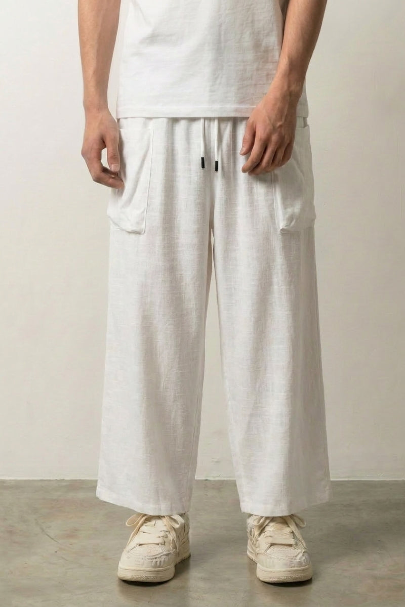 Hakama für Männer 'Shin-Shiro – japanischer Herren-Hakama Hose, weite weiße Herrenhose aus Baumwolle und Leinen, Vorderansicht