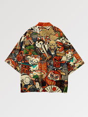Haori-Anime 'Nihon no Shinboru', getragene Ansicht der offenen Haori-Jacke mit Maneki Neko, Sushi und Daruma