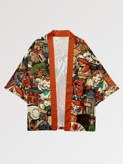 Haori-Anime 'Nihon no Shinboru', Detailansicht des Rückenmotivs mit Maneki Neko, Sushi und Daruma