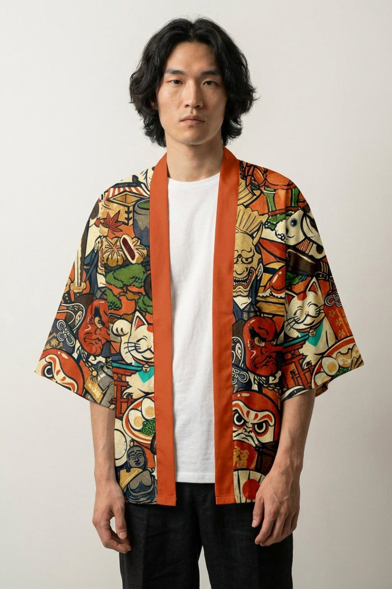 Haori-Anime 'Nihon no Shinboru', offene Kimono-Jacke mit Maneki Neko, Sushi und Daruma, Rückenansicht