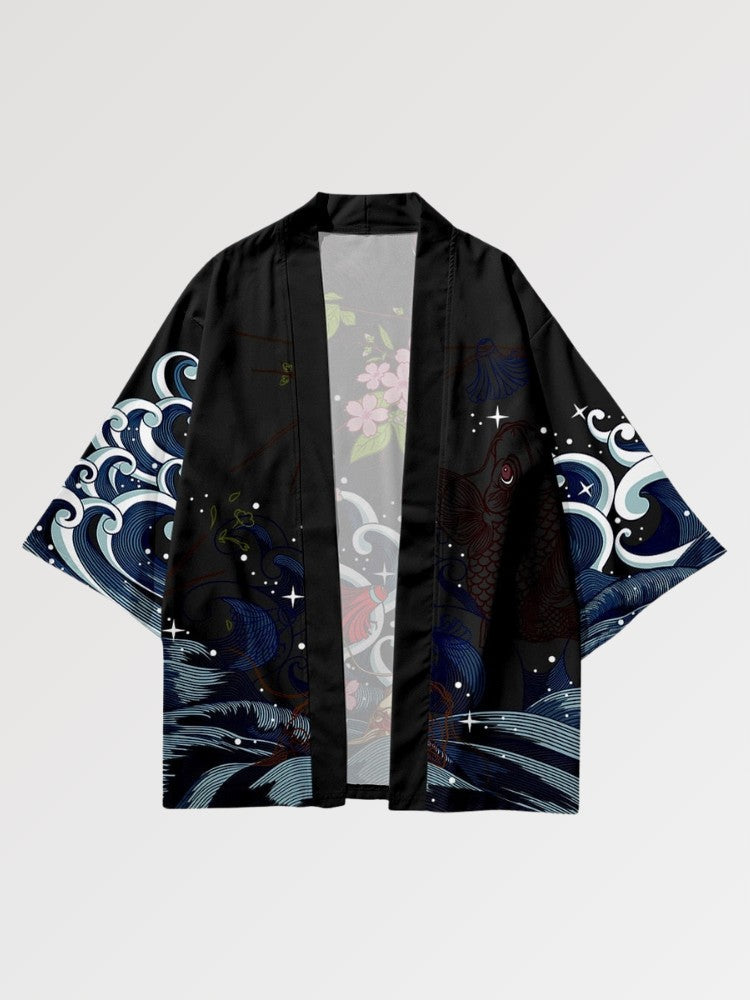 Haori 'Koi x Sakura', Detailansicht des Rückenmotivs mit Koi-Karpfen und Kirschblüten