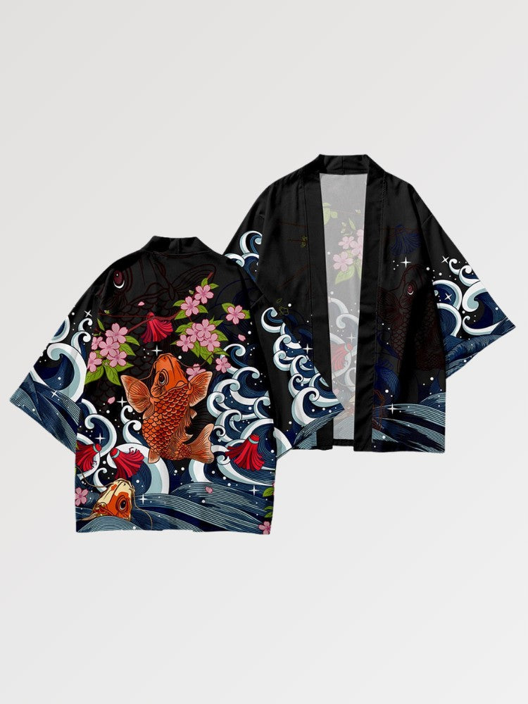 Haori 'Koi x Sakura' mit Kimonoärmeln, Layering-Jacke mit Koi-Karpfen und Kirschblüten