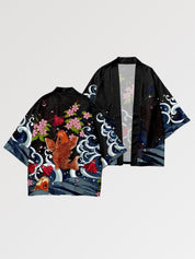 Haori 'Koi x Sakura' mit Kimonoärmeln, Layering-Jacke mit Koi-Karpfen und Kirschblüten