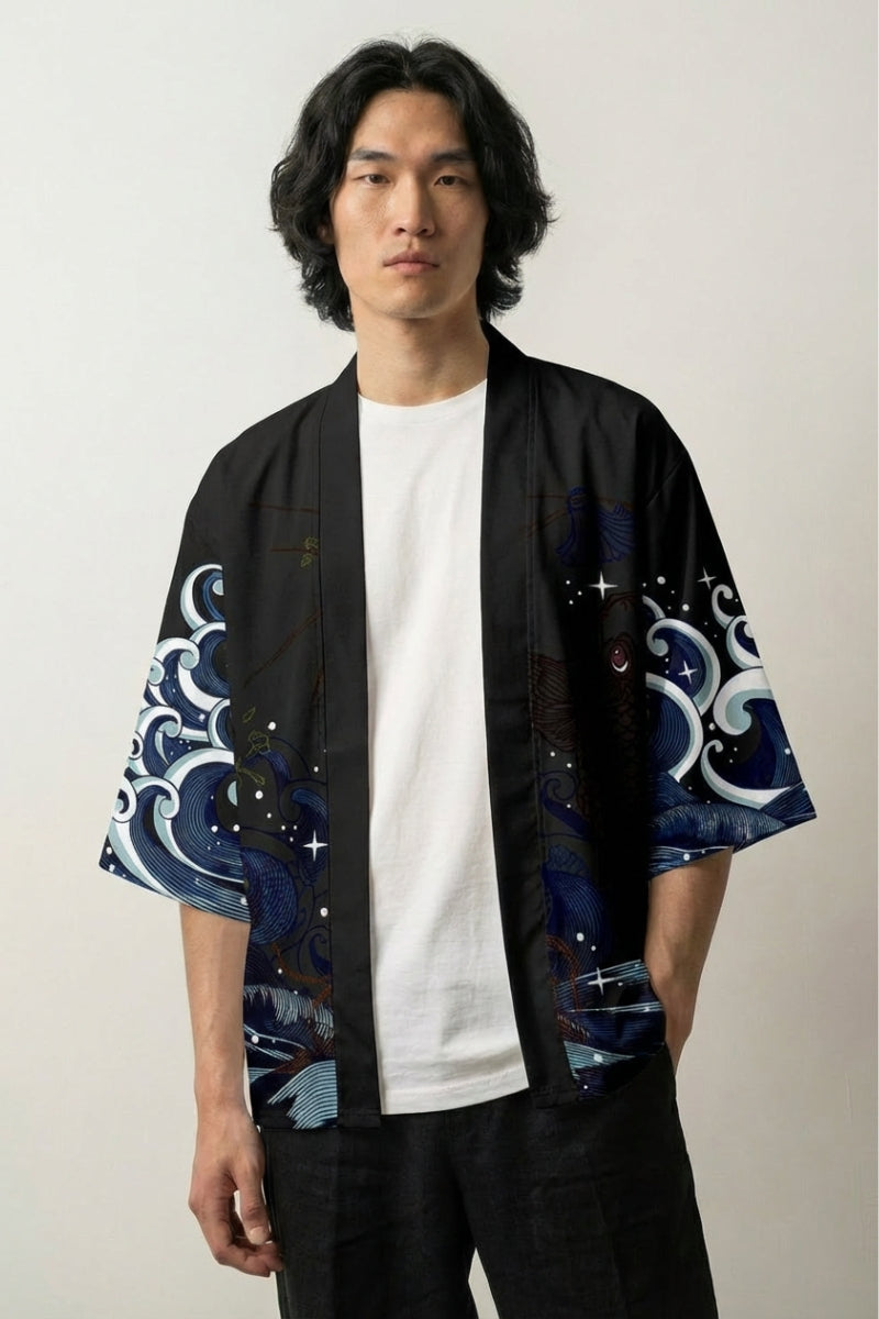 Haori 'Koi x Sakura', offene Kimono-Jacke mit Koi-Karpfen und Kirschblüten, Rückenansicht