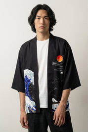 Haori 'Große Welle vor Kanagawa' mit Welle und Berg Fuji, japanischer Haori in Vorderansicht