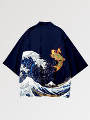Haori 'Große Welle vor Kanagawa', getragene Ansicht der offenen Haori-Jacke mit Welle und Berg Fuji