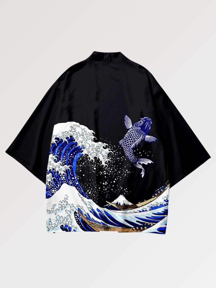 Haori 'Große Welle vor Kanagawa' mit Kimonoärmeln, Layering-Jacke mit Welle und Berg Fuji