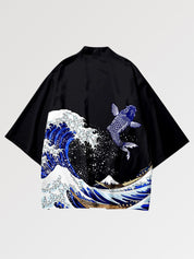 Haori 'Große Welle vor Kanagawa' mit Kimonoärmeln, Layering-Jacke mit Welle und Berg Fuji