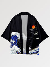 Haori 'Große Welle vor Kanagawa', Nahaufnahme Welle und Berg Fuji auf der fließenden Haori-Jacke
