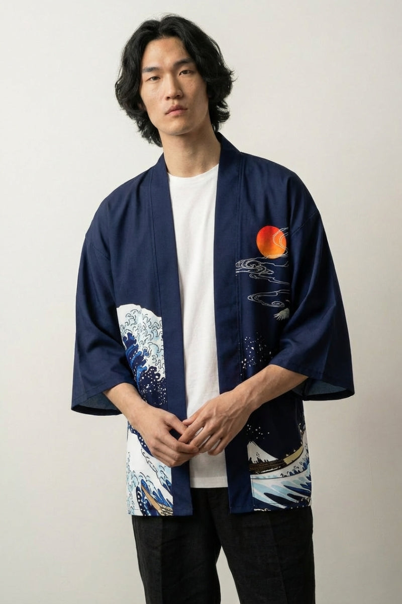 Haori 'Große Welle vor Kanagawa', offene Kimono-Jacke mit Welle und Berg Fuji, Rückenansicht