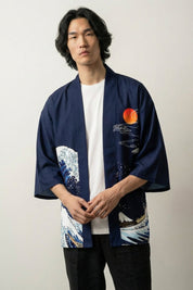 Haori 'Große Welle vor Kanagawa', offene Kimono-Jacke mit Welle und Berg Fuji, Rückenansicht