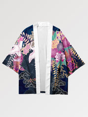 Haori für Frauen 'Kanoya', Detailansicht des Rückenmotivs mit rosa Blumen und Kranichen
