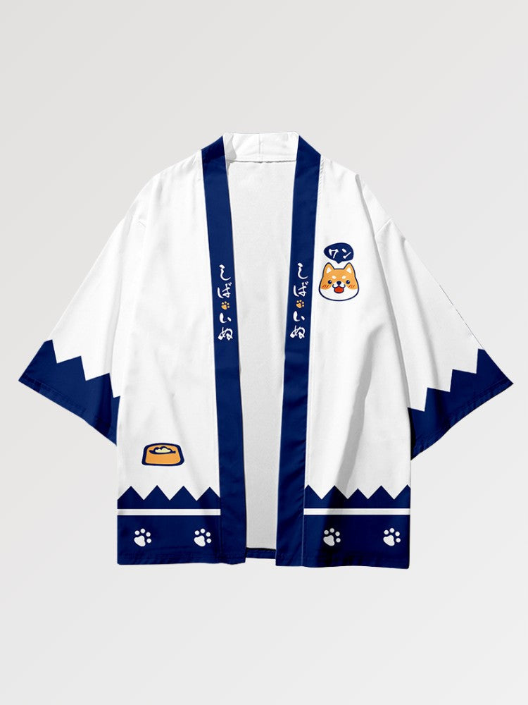 Haori-Kimono 'Shiba Inu', Detailansicht des Rückenmotivs mit Kawaii-Shiba-Inu und Kanji